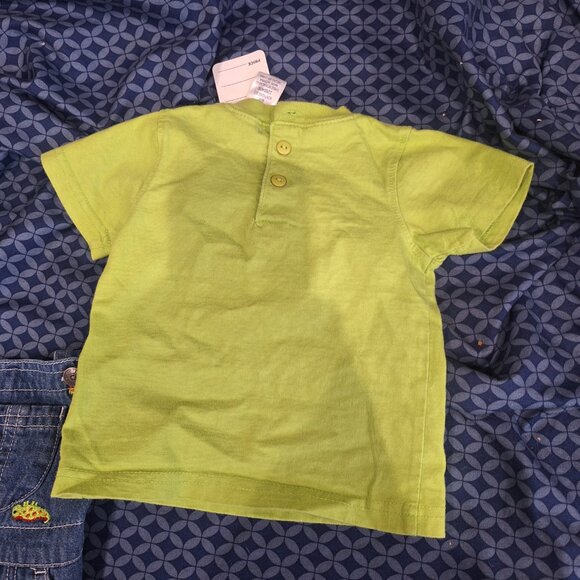 denim overalls and hat with green shirt 6 to 9 months - Picture 2 of 8